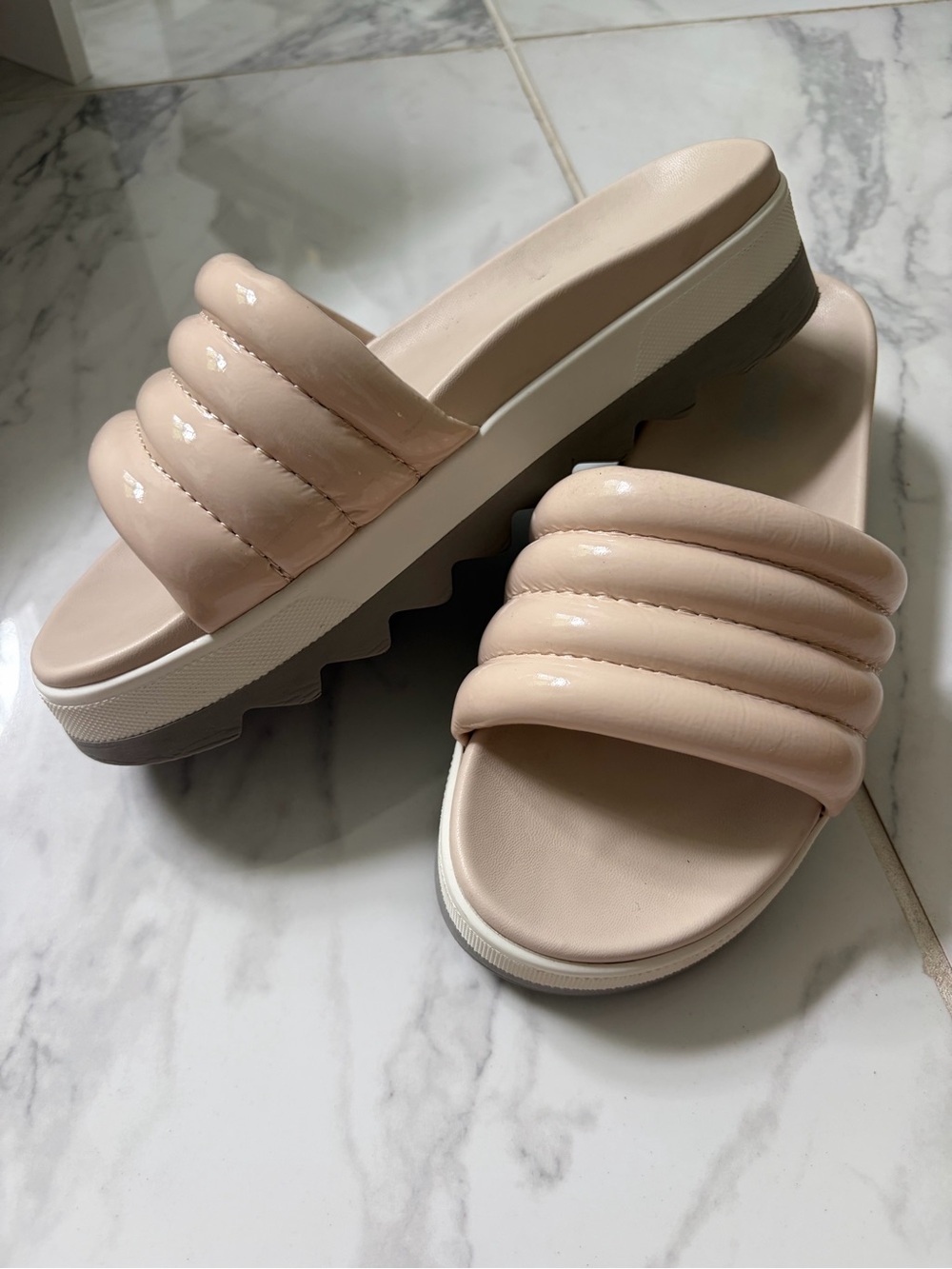 Cougar Prato-PL Quilted Patent Platform Slide Sandals.